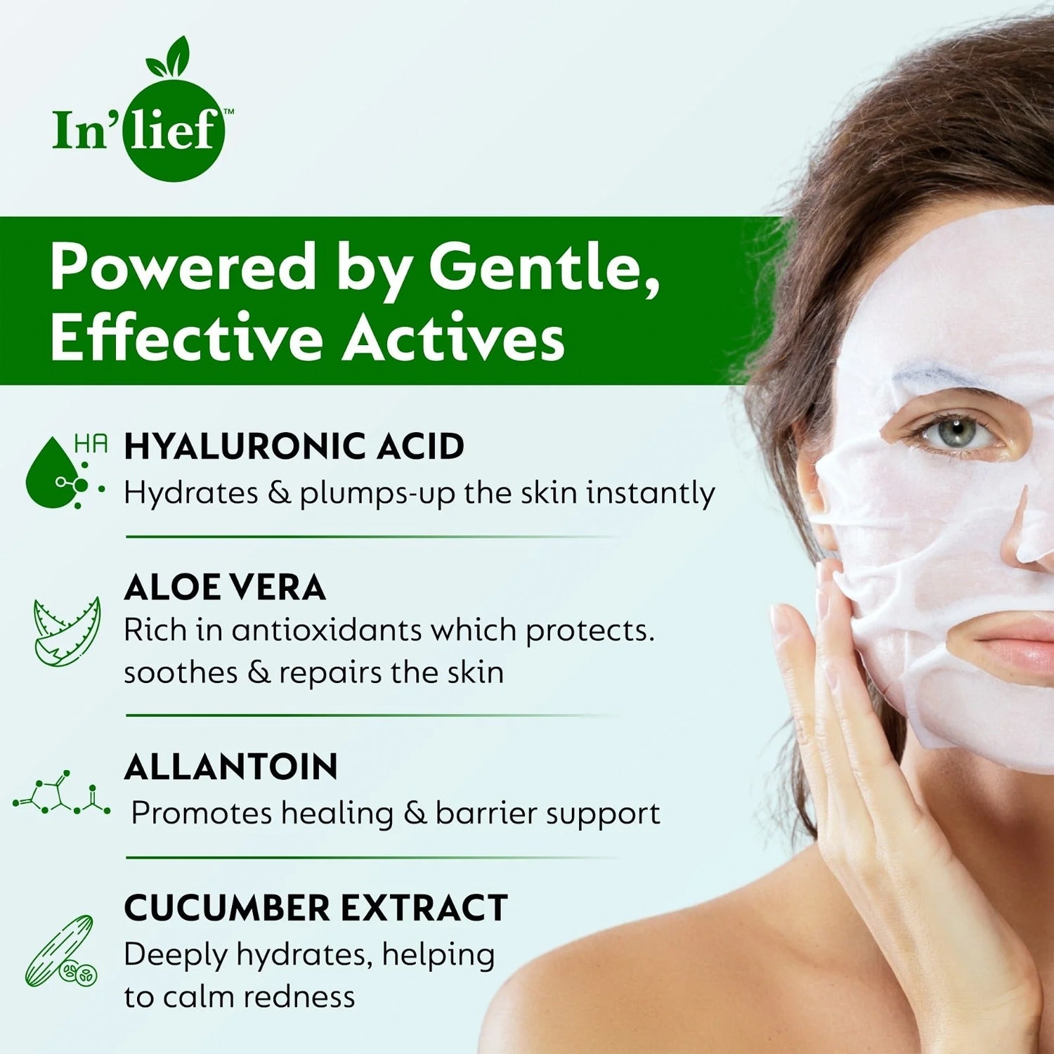 In’lief Hyaluronic Acid 0.1% & Aloe Vera 0.5% Hydrating Facial mask (1 Pc) In’lief Hyaluronic Acid 0.1% & Aloe Vera 0.5% Hydrating Facial mask (1 Pc)